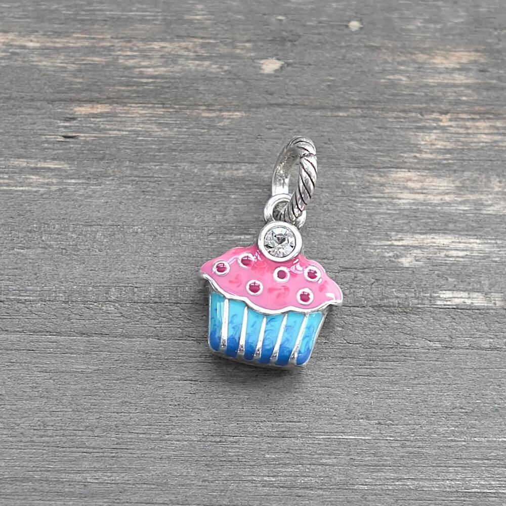 Brighton Cupcake ABC Dangle Charm Reversible Blue Pink Enamel Crystal Retired
